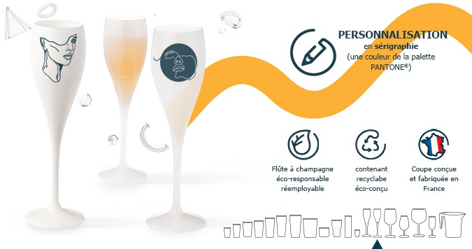 Ecocup flûte à champagne personnalisé - coupe à champagne blanche ou transparente sérigraphiée