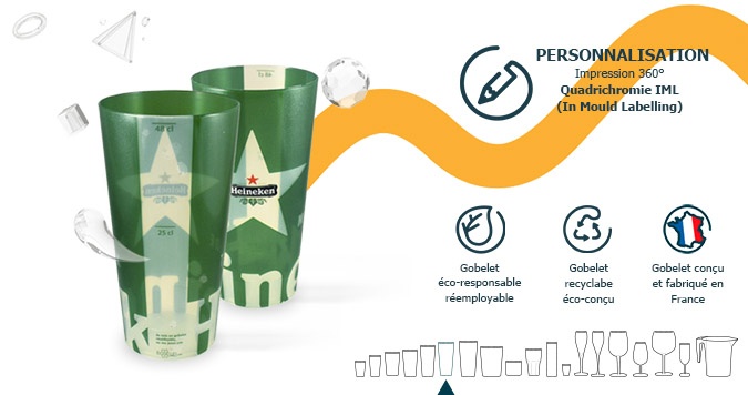 Ecocup personnalisé gobelet réemployable de 40 cl 45 cl Heineken